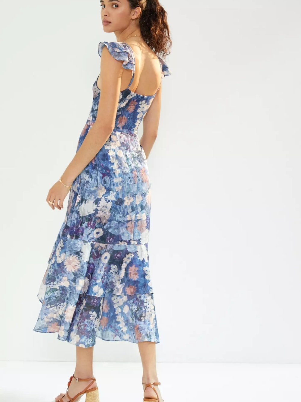 Anthropologie Hutch Floral Ruffle Midi Dress Blue Chiffon Empire Waist - Picture 8 of 13